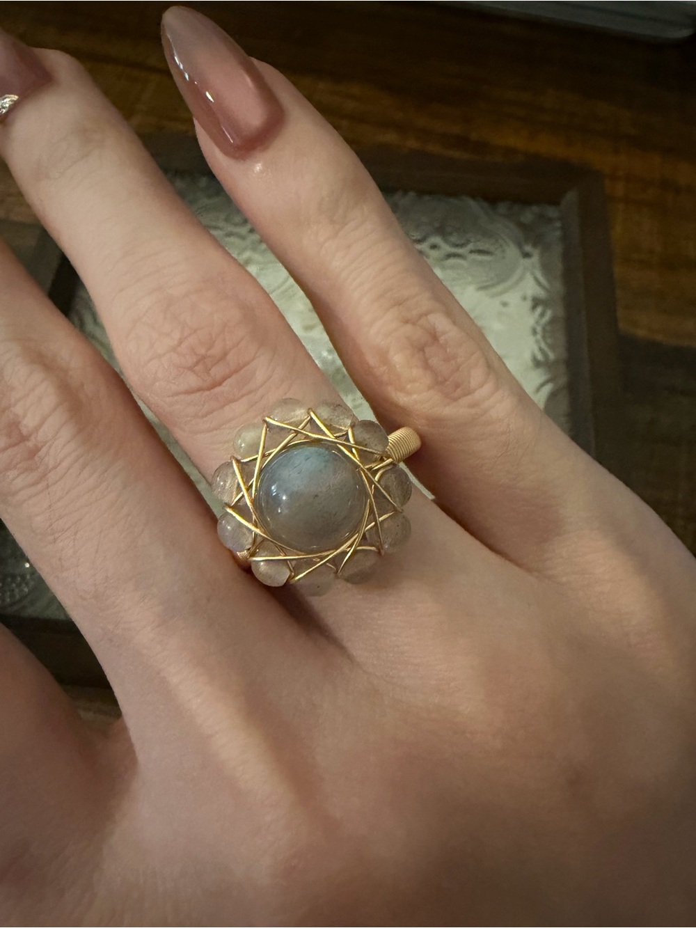 NEW 14kt yellow gold filled natural laboradorite ring, wire wrapped adjustable